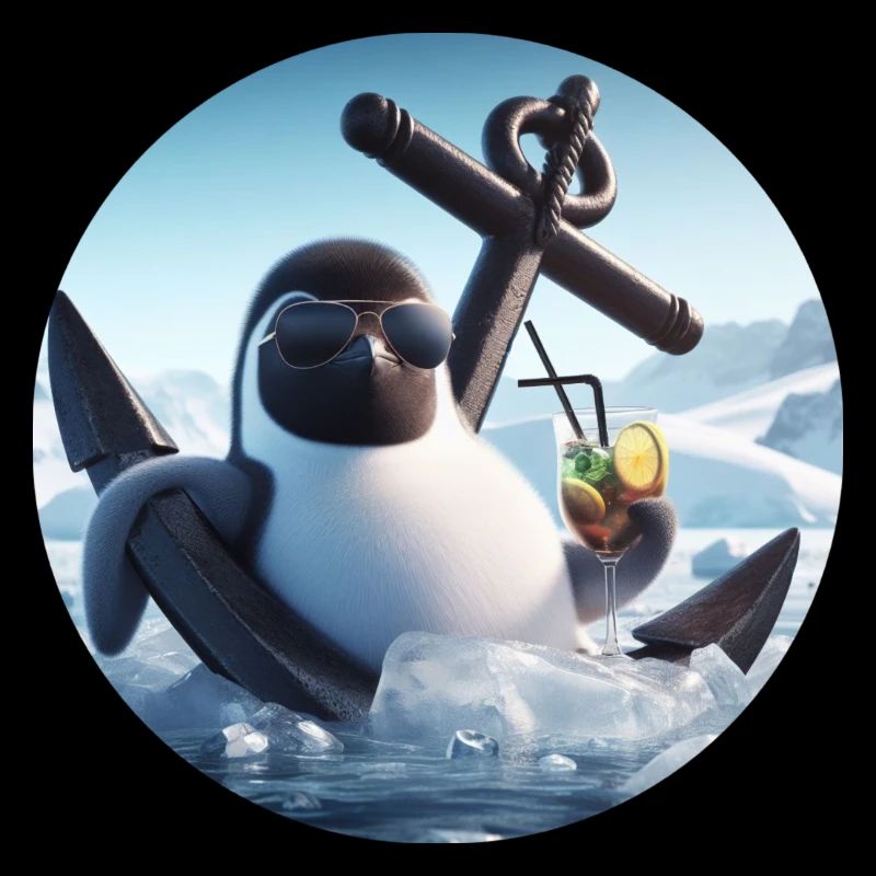 Comic penguin leaning in anchor with cocktail
