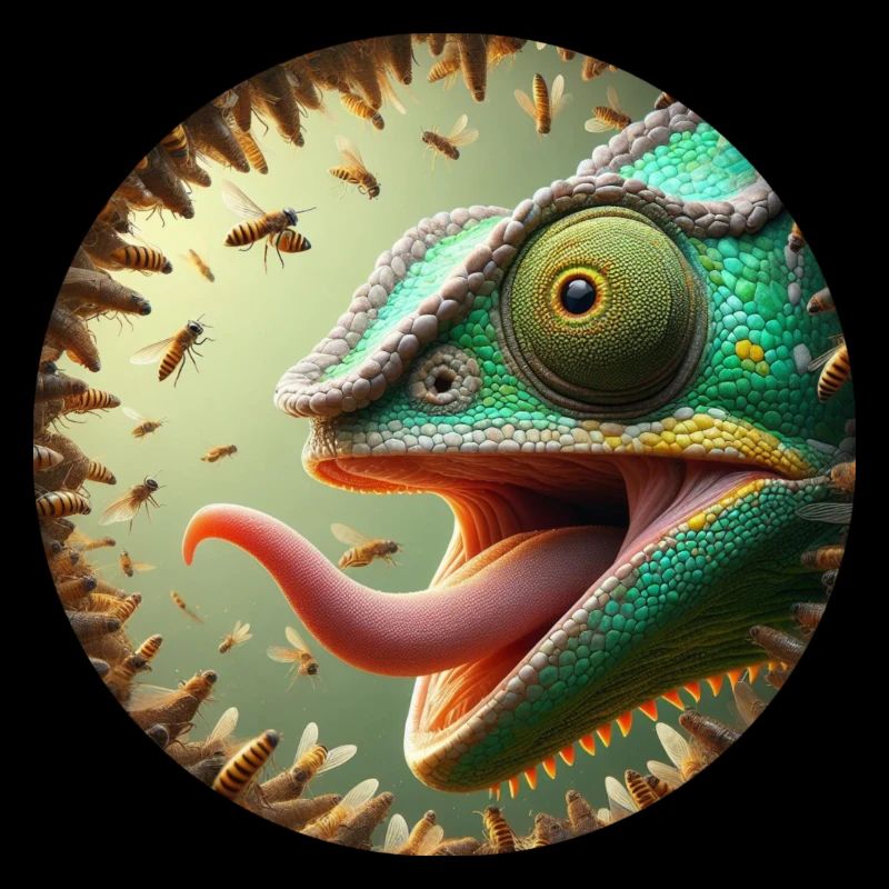 Chameleon with bees and long tongue