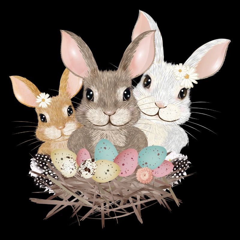 cute easter bunnies family with pastel easter eggs