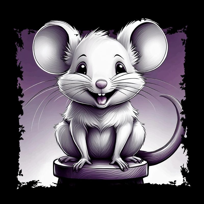 Maus comic lachend sitzt auf Hocker