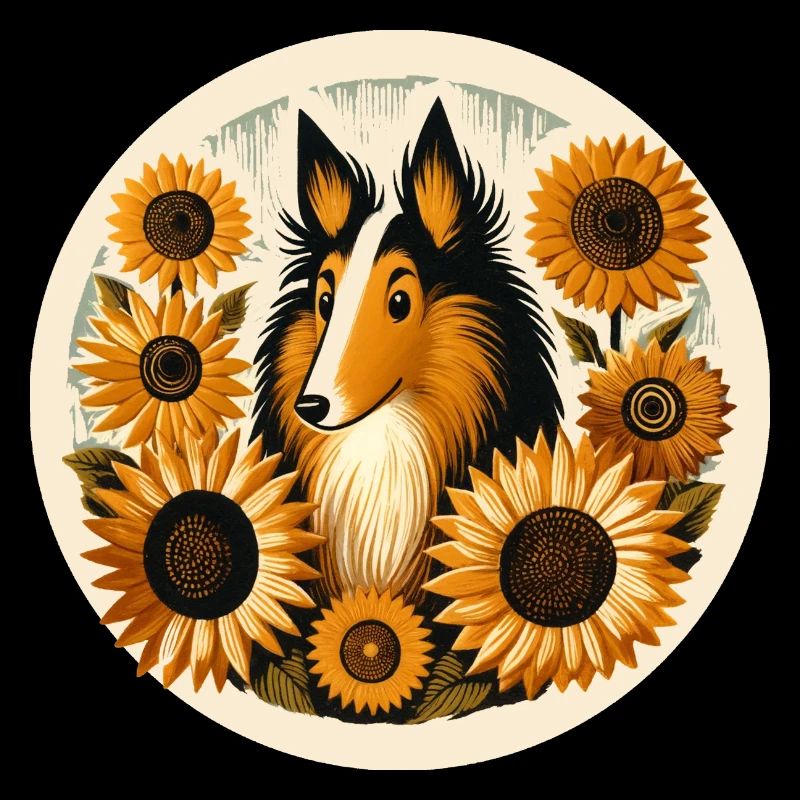 Whimsical Collie with Sunflower Frame