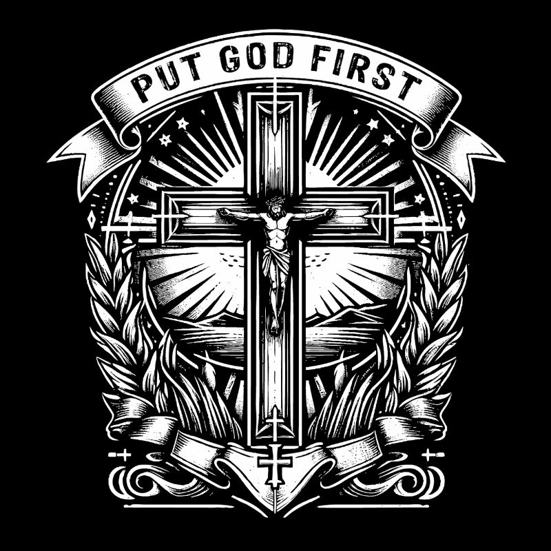 PUT GOD FIRST in Banderole Jesus Cross