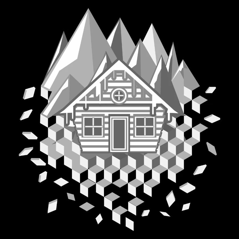 extraordinary stylized hut and mountains