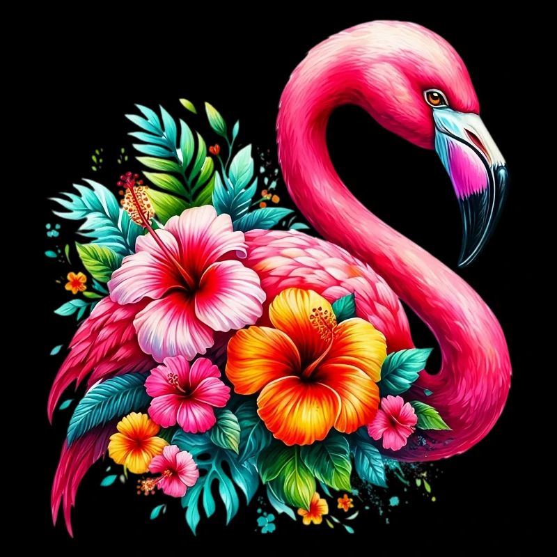 Flamant rose décoré de fleurs d’hibiscus