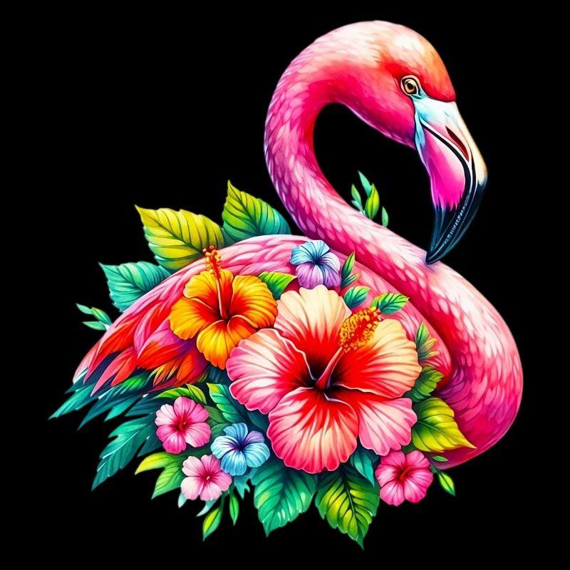 Flamant rose décoré de fleurs d’hibiscus
