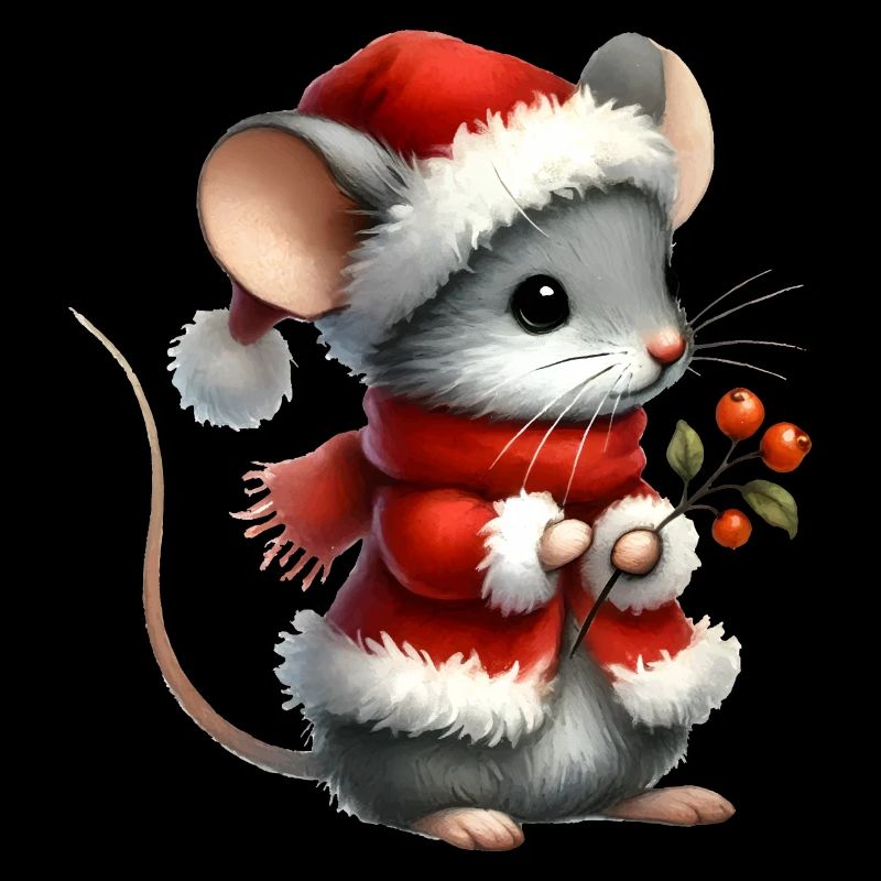Cute Mouse with Santa Hat and Berry Branch