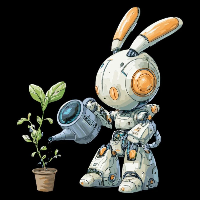 Robot rabbit watering plant