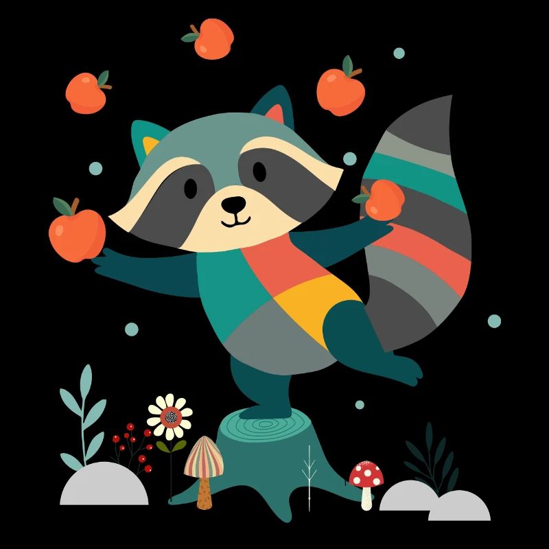 Playful raccoon happily juggling apples