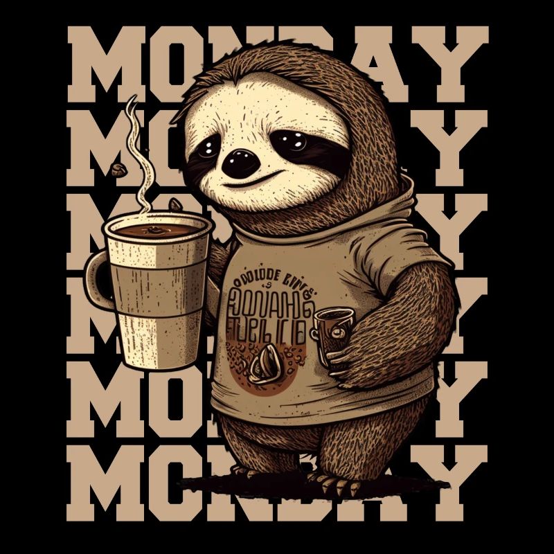 Tired sloth with huge coffee mug on Monday