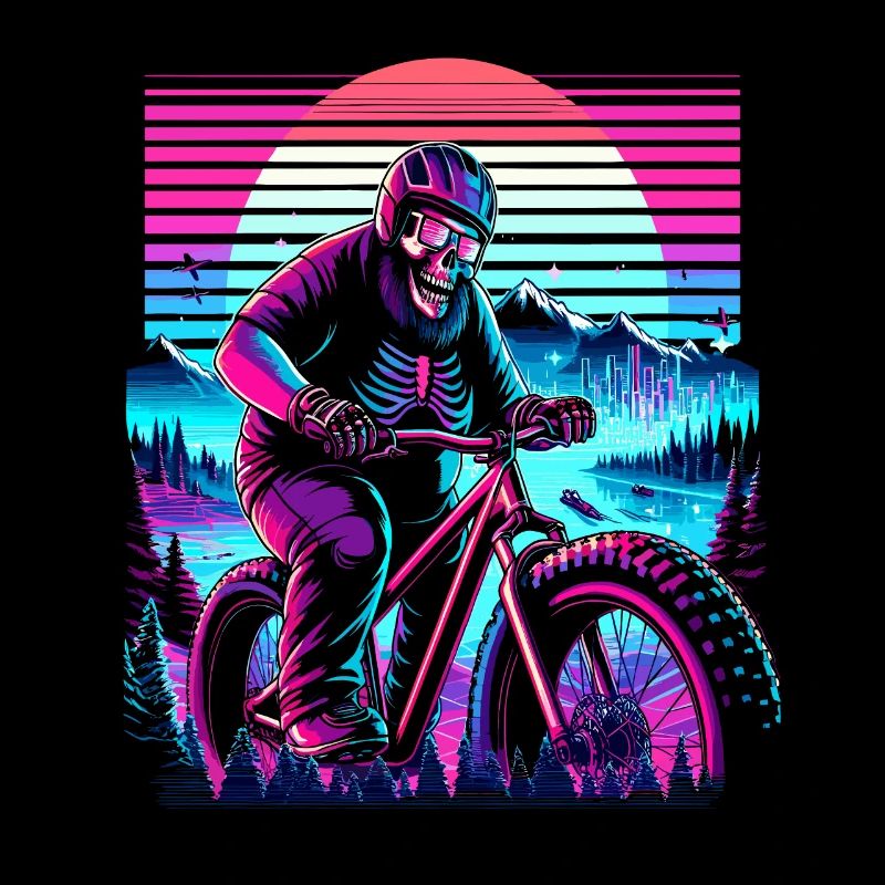 Synthwave Skeleton Biker Fatbike Retro Sunset