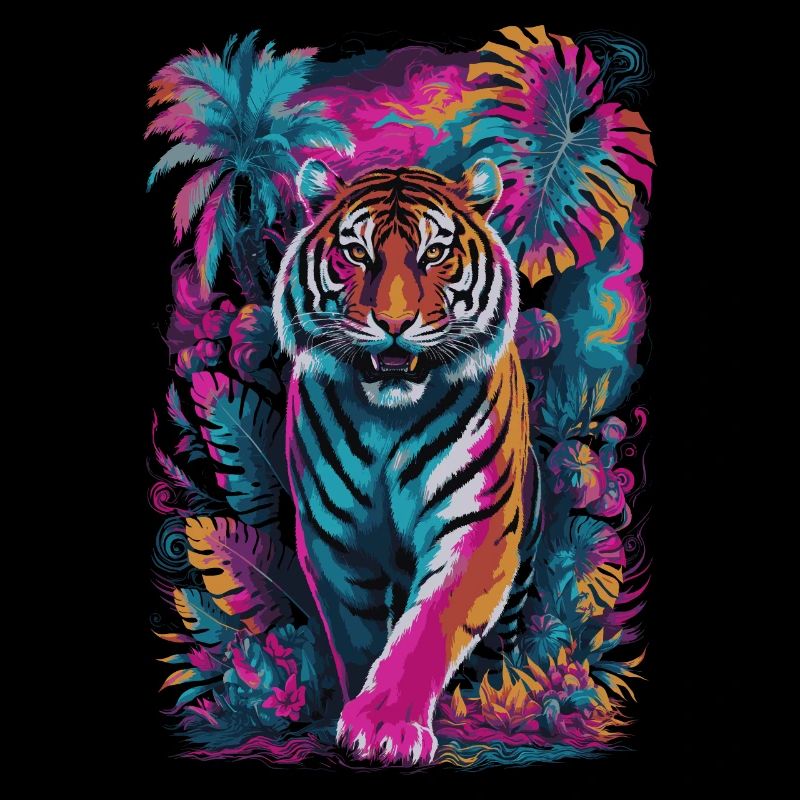 Psychedelischer Tiger im lebendigen Dschungel-Design