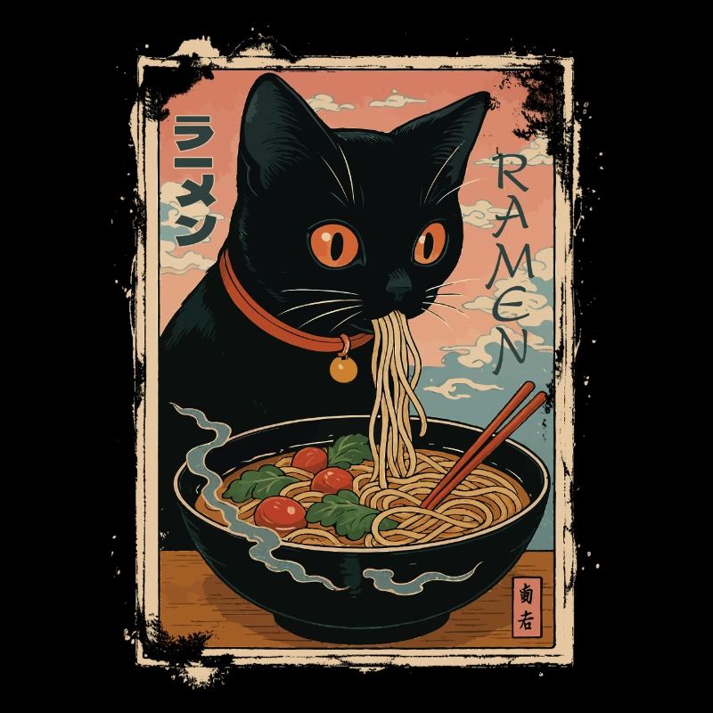 Chat noir dégustant ramen japonais