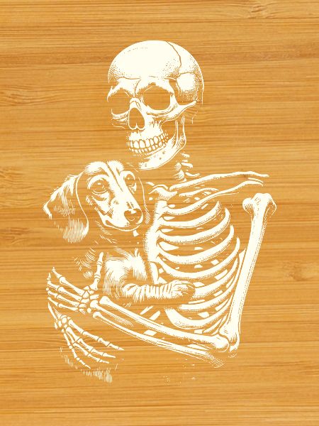 Skeleton hugging dachshund