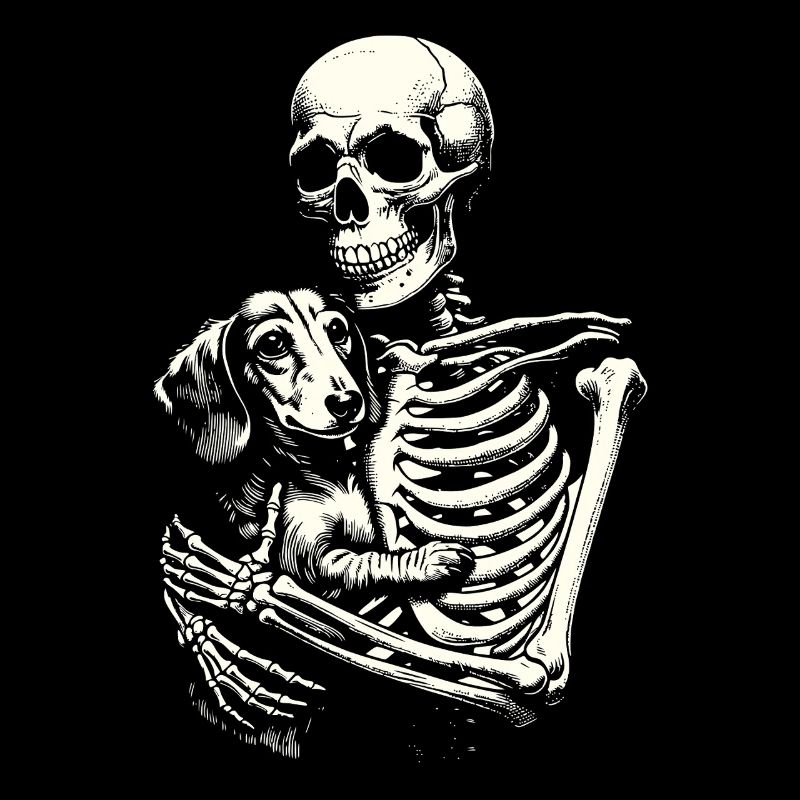 Skeleton hugging dachshund