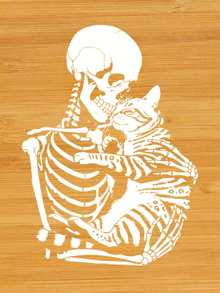 Skeleton hugging cat