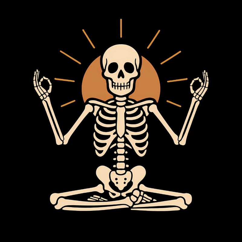Meditating skeleton with sun circle