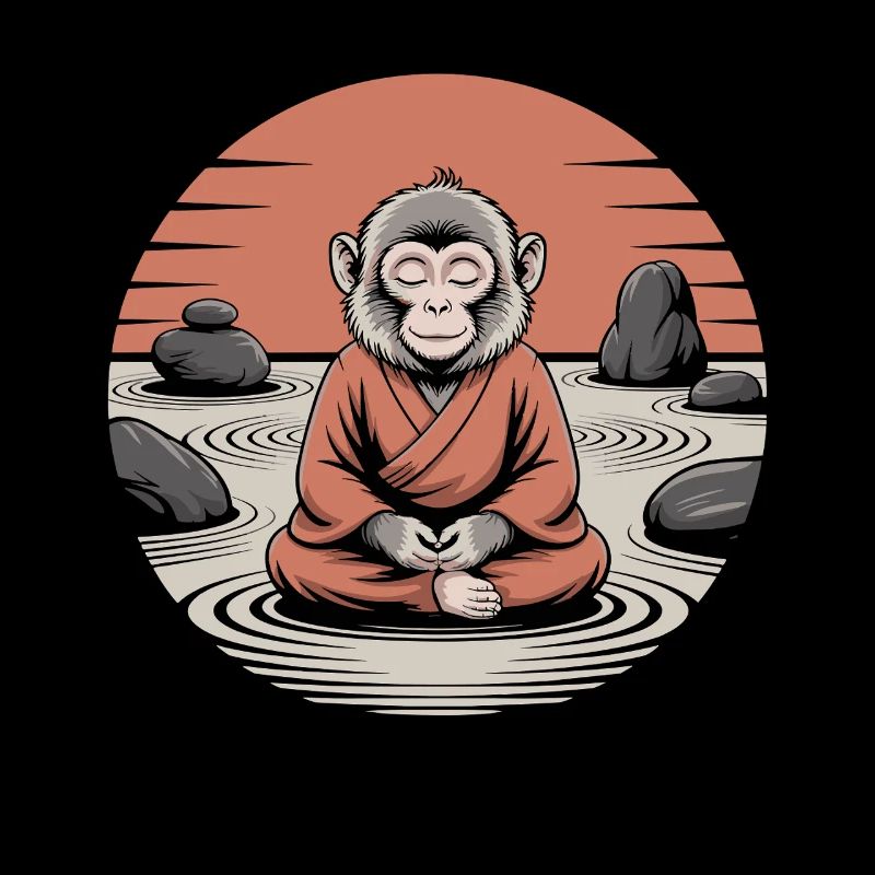 Meditating monkey zen monk in rock garden
