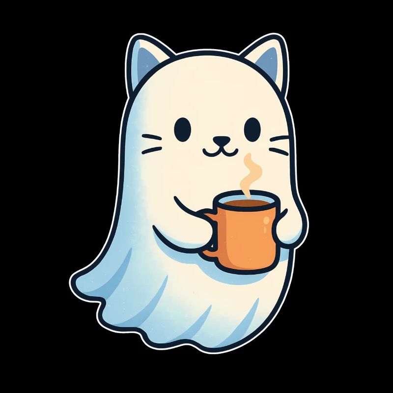 Coffee Ghost Cat with Mug