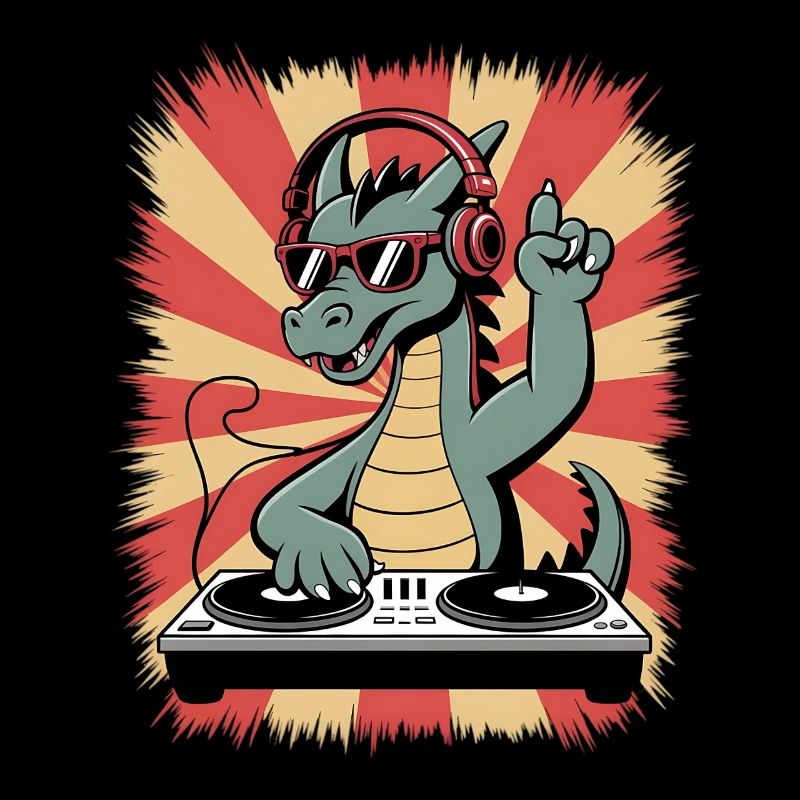 Drachen-DJ mit Kopfhörer-Beat
