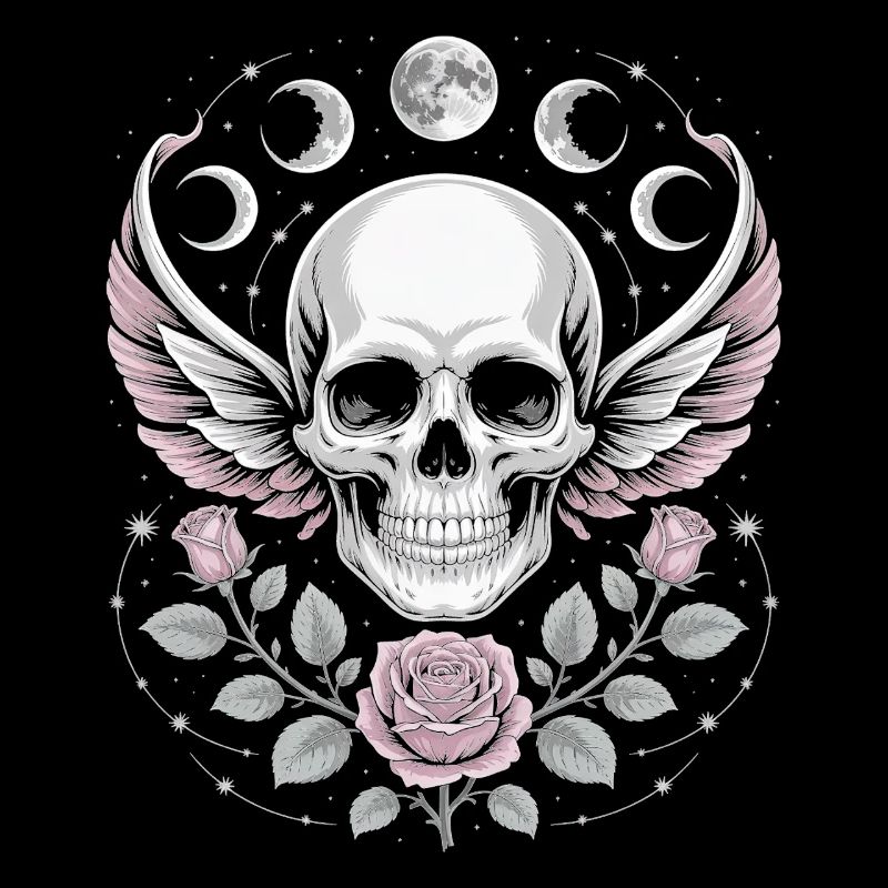 Crâne gothique avec phases de lune et motifs de roses