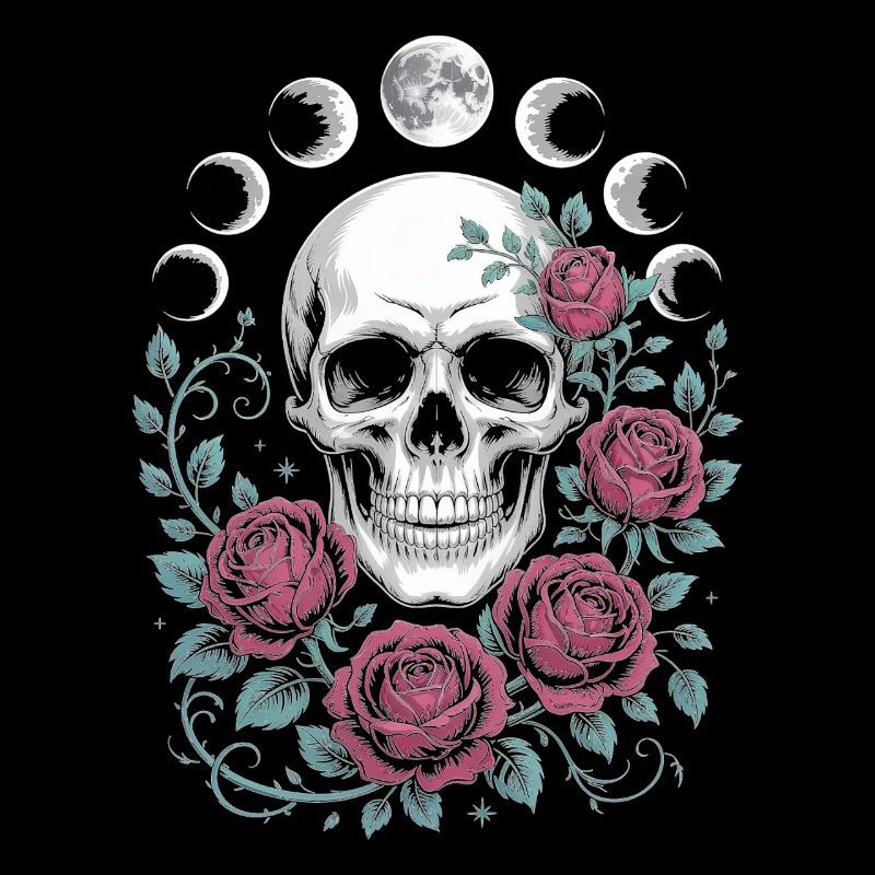 Crâne gothique avec phases de lune et motifs de roses