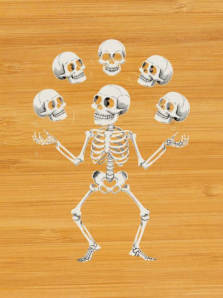 Skeleton juggling with skulls art
