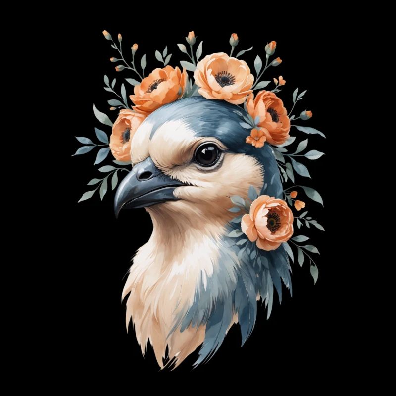 Portrait d’oiseau avec couronne de fleurs
