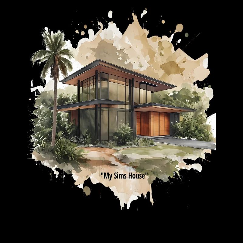 Villa moderniste de style Sims aquarelle