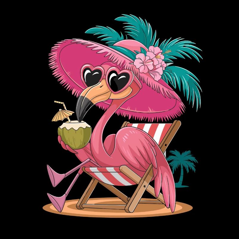 Relaxed flamingo on the beach with coconut
