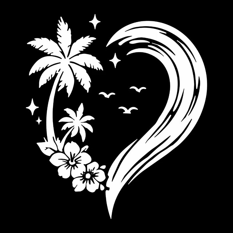 Cœur, palmier, fleurs, vague de l’océan