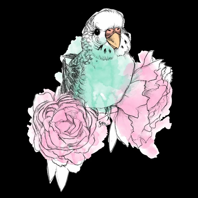 Budgerigars and peonies