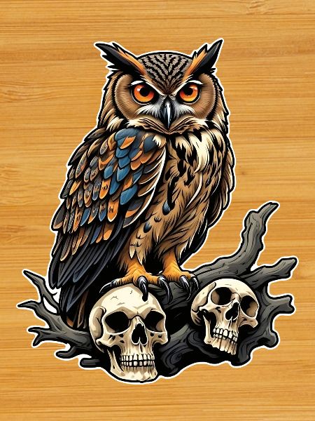 Eule sitzt auf Skulls