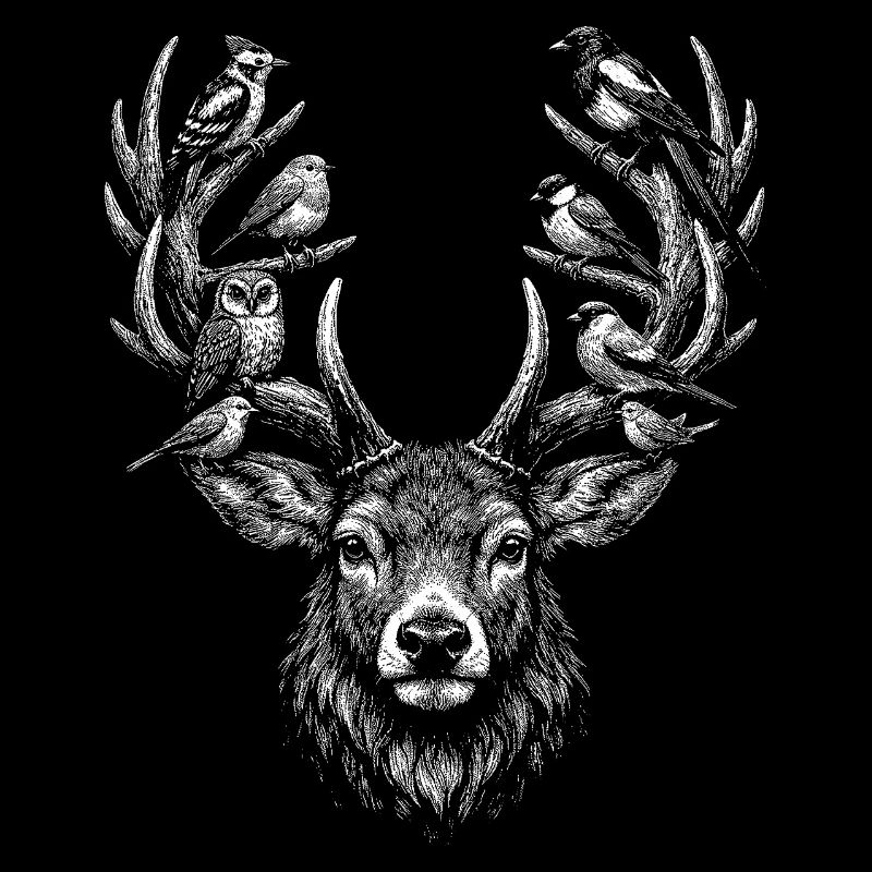White deer head silhouette on black
