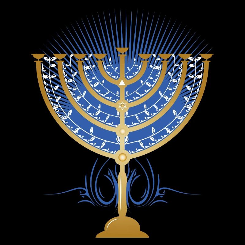 gold-colored Hanukkah candlestick with blue rays