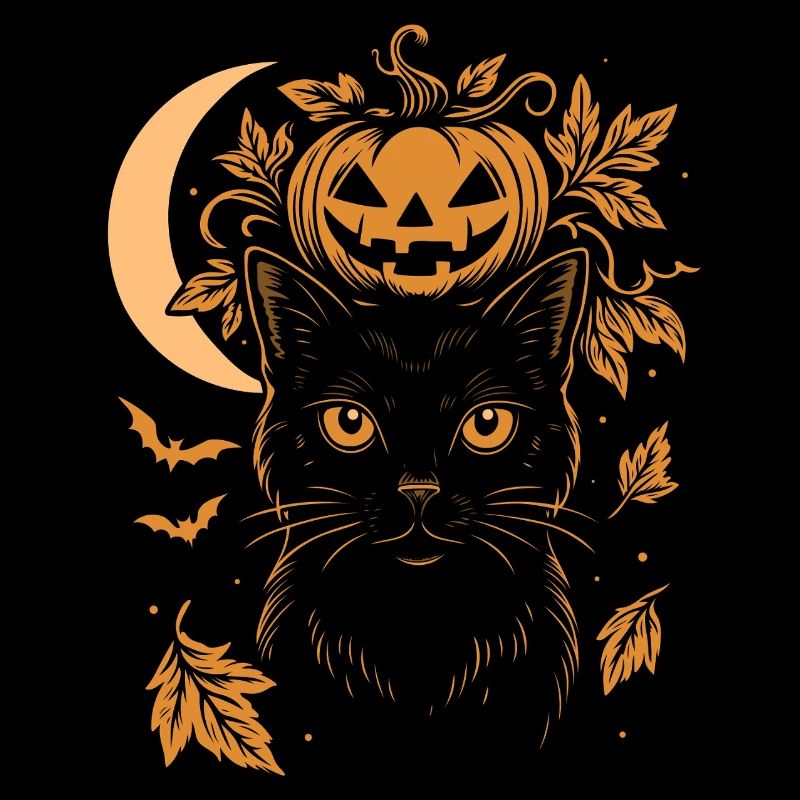 Chat d’Halloween avec citrouille et lune