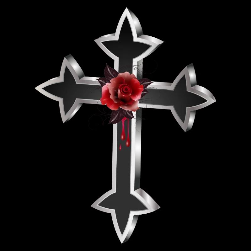 black silver gothic cross with red rose