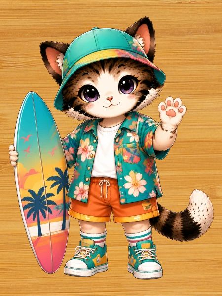 Kawaii tropical surfer cat