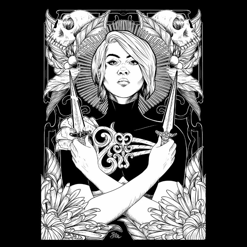Frau mit Dolchen, Schädeln und Dahlien