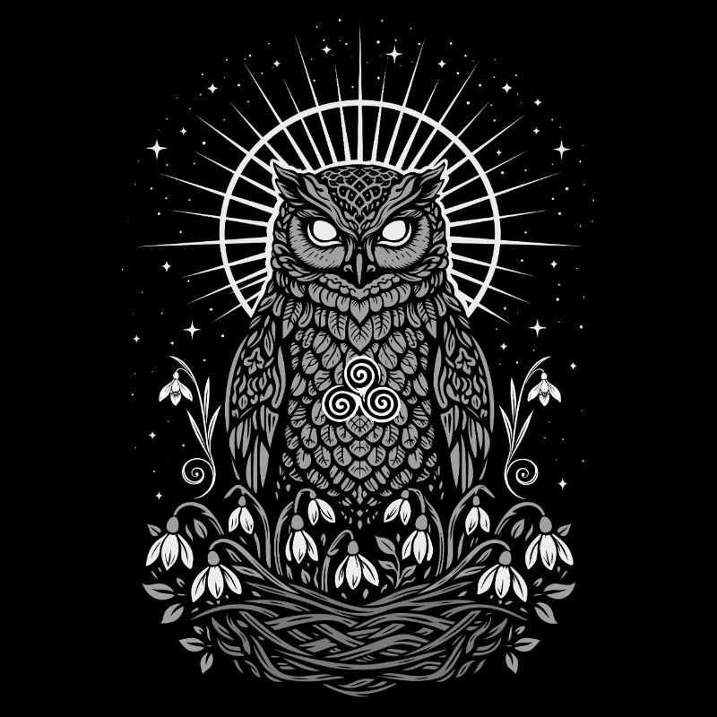 Imbolc Eule mit Triskele und Schneeglöckchen