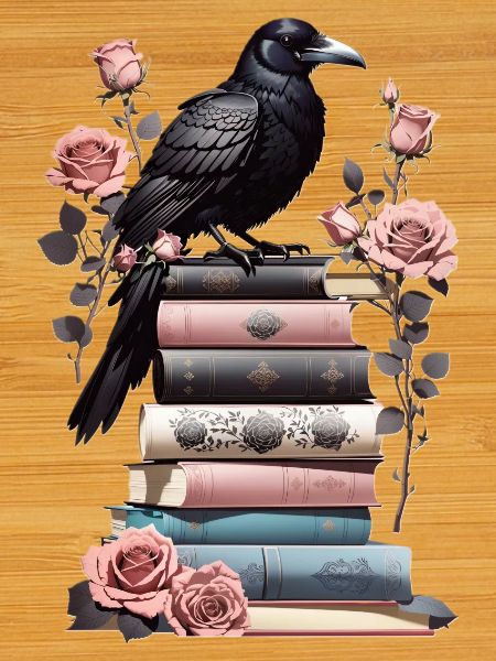 Stack of books with raven