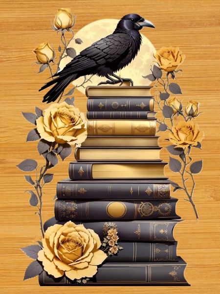 Stack of books with raven
