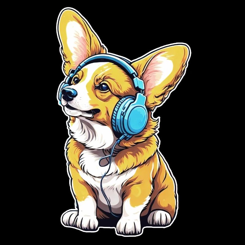 Corgi mit Kopfhörern