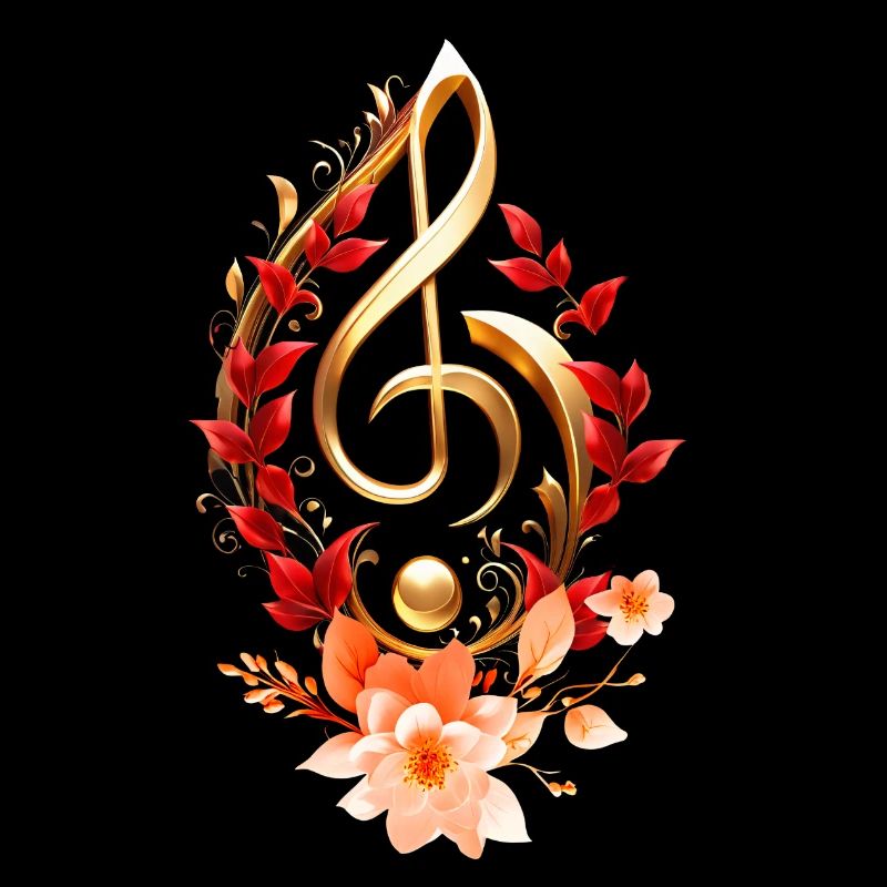 Clé de sol dorée avec des feuilles rouges.