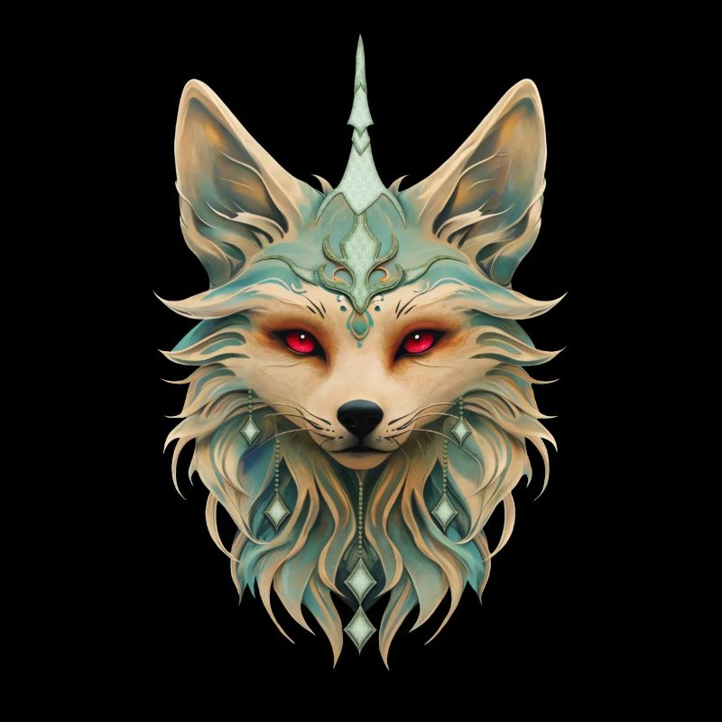 Mystical fox with piercing red eyes.