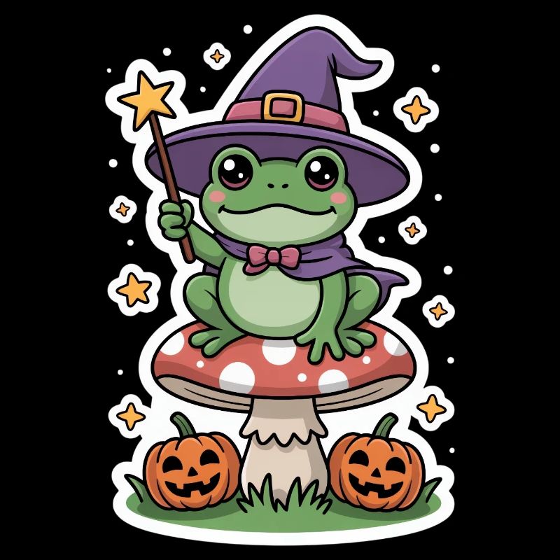 Halloween witch frog on fly agaric with pumpkin