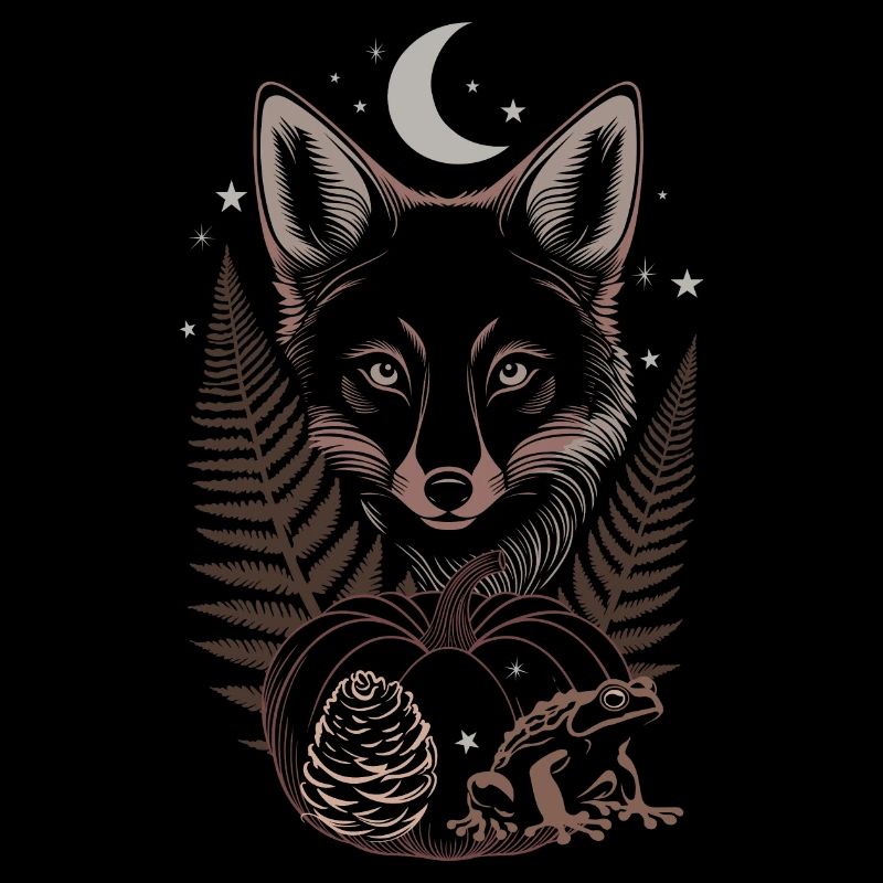 Fuchs mit Farn und Kürbis im Herbstwald