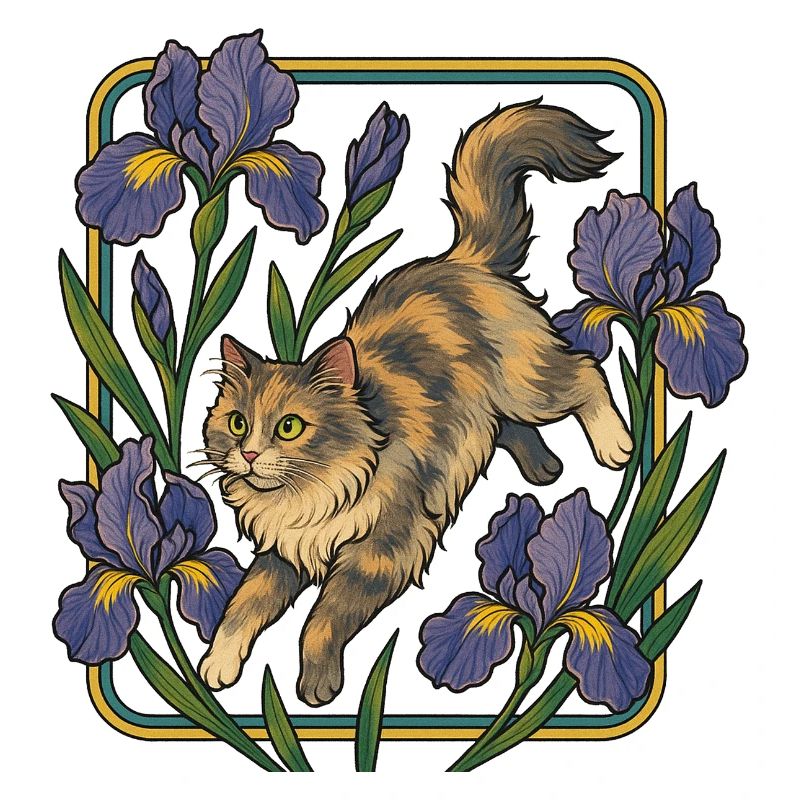 Chat élégant parmi les fleurs d'iris