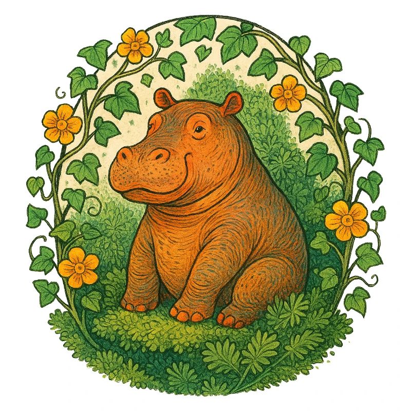 Whimsical Hippo in Ivy Circle