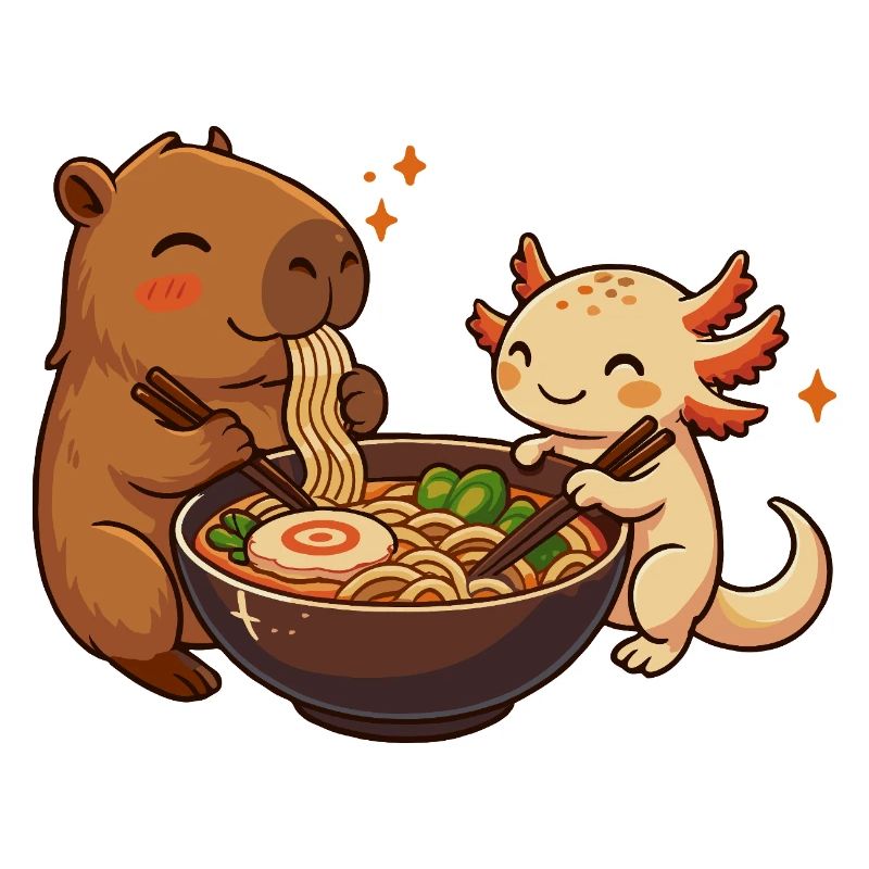 Capybara with Axolotl Eats Noodles Ramen kawaii