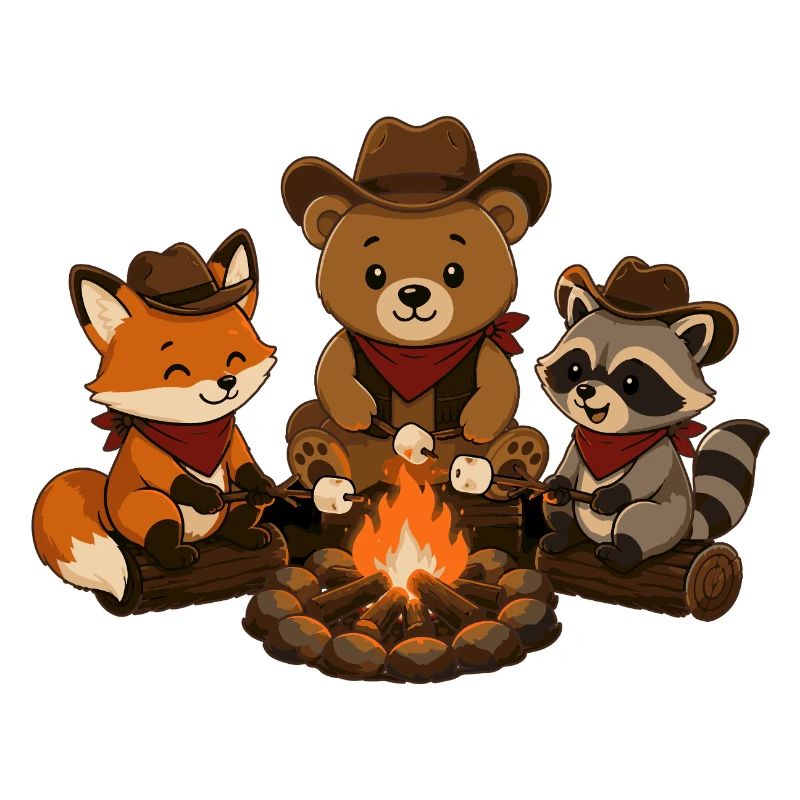 Camping animals around the campfire with marshmallows